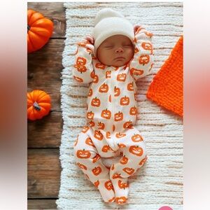 2 sets of NB footie hats SpearmintLove and SIIX zip up Fall Halloween pumpkin